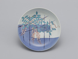 Large dish depicting wisteria arbors in overglaze enamelsimage