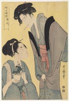 古鏡 手鏡 浮世絵鏡 喜多川歌麿「娘日時計 午ノ刻」鋳鉄製