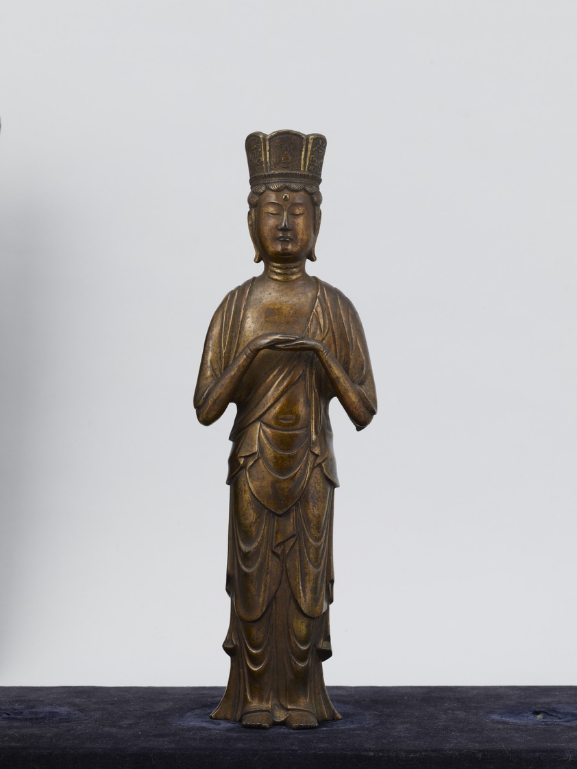 銅造鍍金 善光寺式三尊像 (一光三尊阿弥陀如来三尊像) 押出仏 仏像 観音菩薩 勢至菩薩 鎚仏 金銅仏 e国宝- 阿弥陀如来及两侍从立像(善光寺式三尊像)