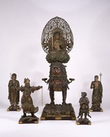 Manjushri (Monju Bosatsu) on a lion, and standing statues of attendants image