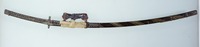 Long sword, with black-lacquered mountings wreathed with silver and bronze strips image