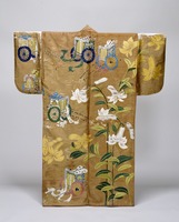 Nuihaku (Nō costume)—design of lily and court-cow-carriage patterns on brown fabricimage