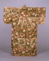 Nuihaku (Nō costume)—red and white fabrics based, with design of chrysanthemum, reed and water-birdimage