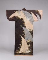 Kosode (Garment with small wrist openings), Design of Mandarin Ducks and Waves on Black Figured Satin)image
